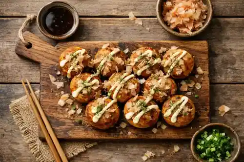 Japanese Takoyaki with savory toppings at Almers Cafe